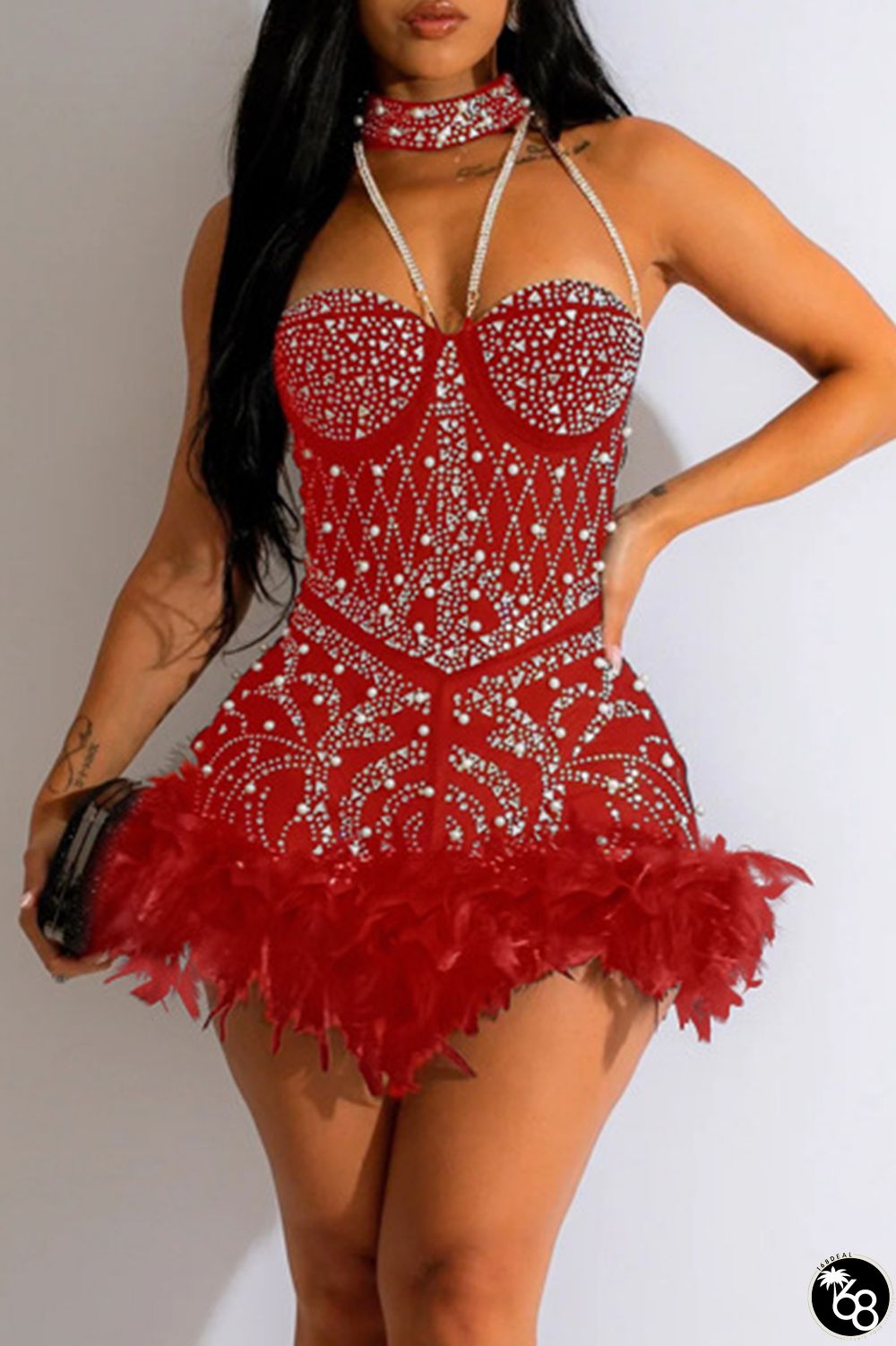 Red Sexy Patchwork Hot Drilling Feathers Backless Halter Skinny Romper | 168DEAL