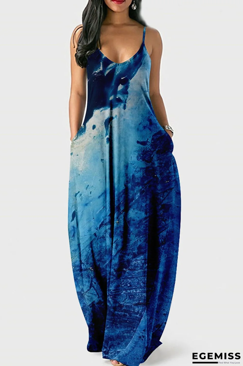 Water Blue Casual Print Patchwork U Neck Sling Dress Dresses | EGEMISS