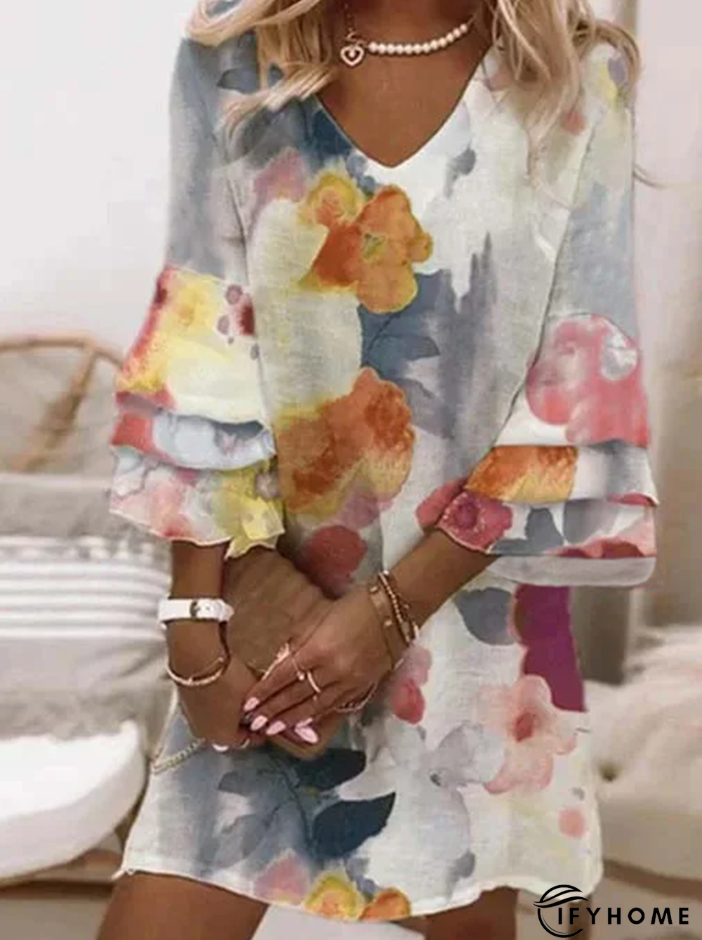 Casual V neck Floral Three Quarter Woven Tunic Dress | IFYHOME