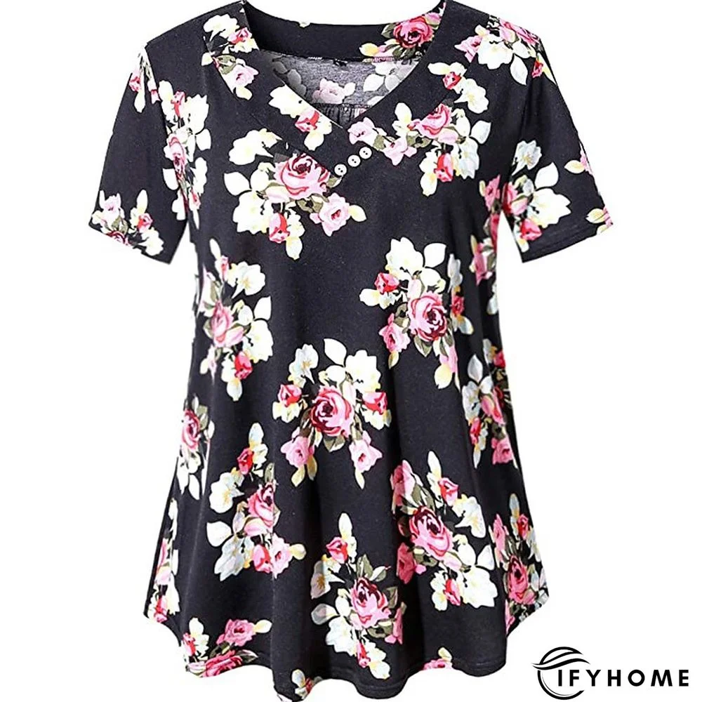 Women's Shirt Blouse Denim Blue Black White Leopard Floral Print Short Sleeve Casual Holiday Basic V Neck Regular Floral Plus Size M | IFYHOME