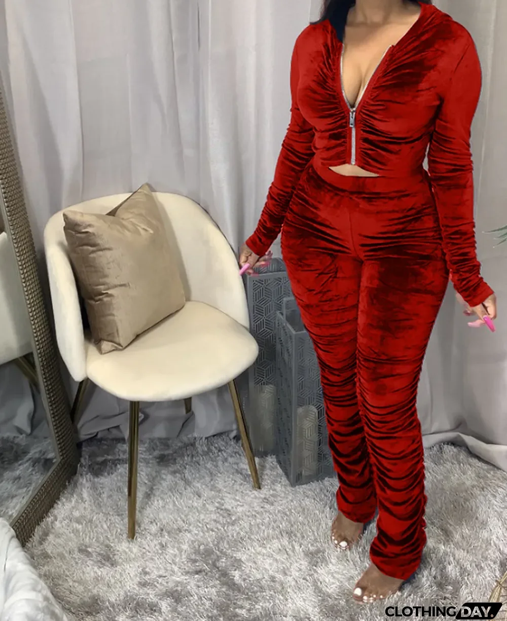 Velvet Pleated Zipper Hooded Jacket Skinny Pants Suit