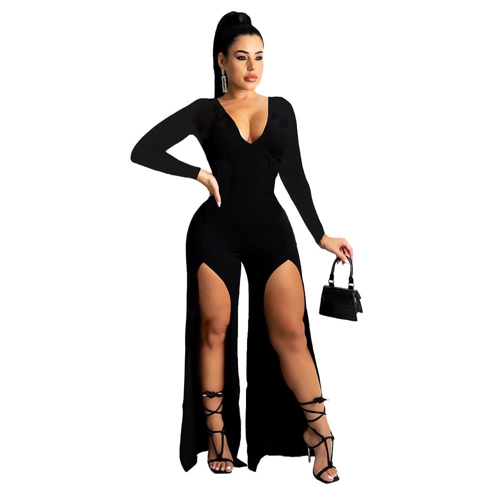 CM.YAYA Women Jumpsuit Solid Full Sleeve V-neck Stretchy Bodycon Skinny Splited Wide Leg Jumpsuits Fashion Outfits Autumn 2021
