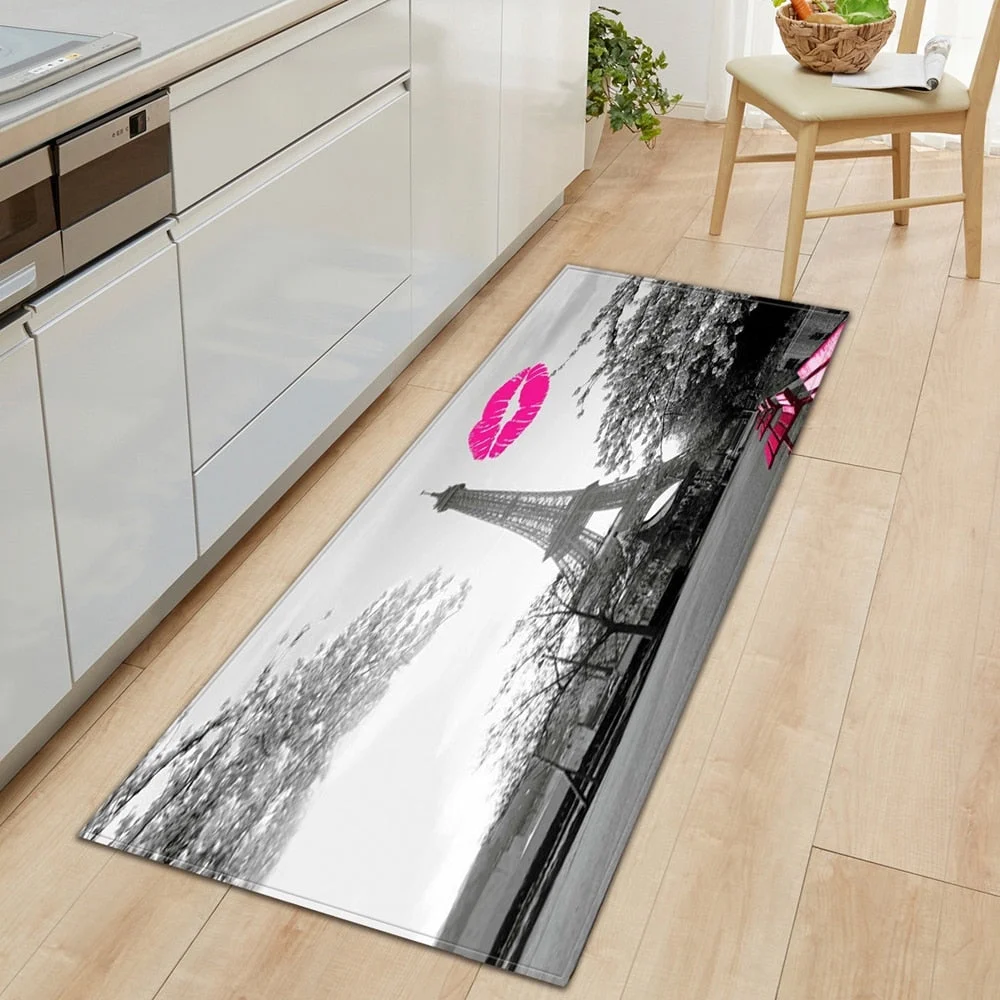 Kitchen Carpet Home Entrance Doormat Bedroom Bedside Eiffel Tower Pattern Decor Floor Rug Hallway Balcony Bathroom Anti-Slip Mat