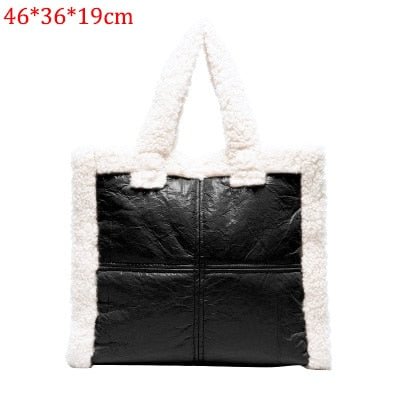 Fashion Lambswool Pu Patchwork Large Tote Designer Women Handbags Luxury Leather Shoulder Bag Big Capacity Buckets Purse Winter