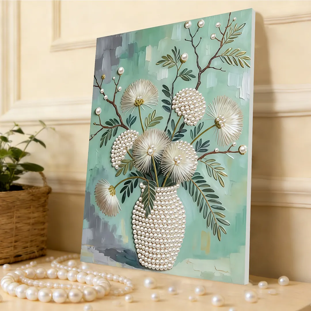 DIY Dandelion Vase Pearl Painting Kit for Adults Beginners Gift Idea Home Wall Decor Pearl Gem Paintings Picture Arts Craft 30x40cm with Frame