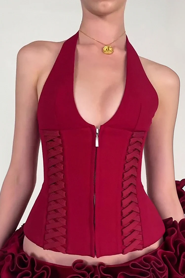 U Neckline Halter Front Zipper Lace Up Cinch Waist Top-Red