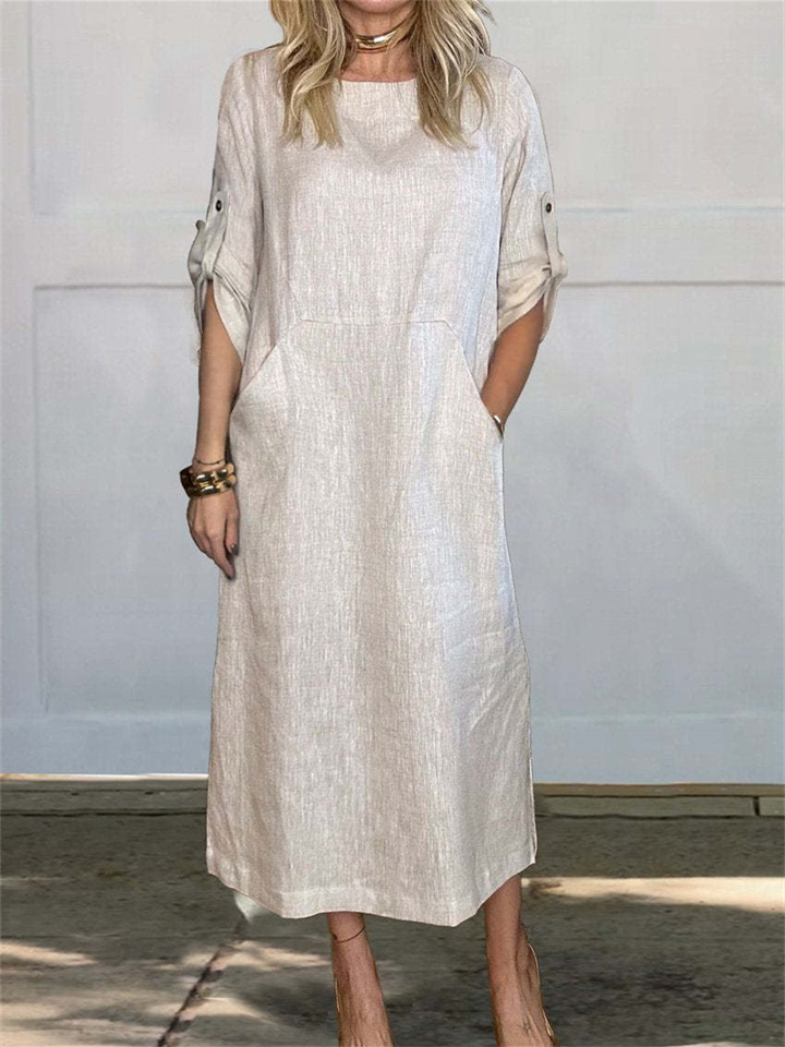 Women's New Summer Wind Loose Casual Solid Color Short-sleeved Cotton Linen Dress Round Neck Mid-length Dresses