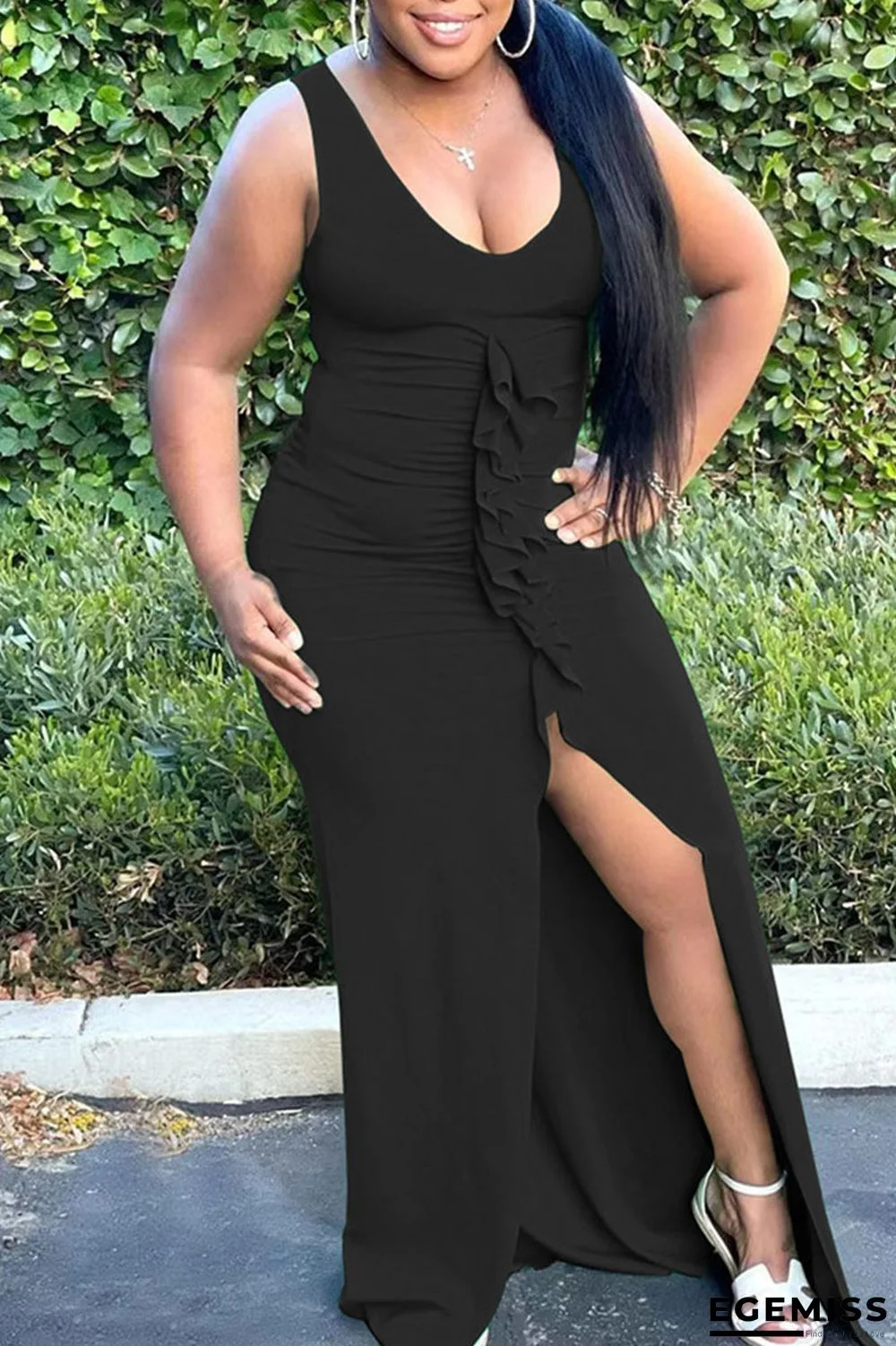 Black Sexy Solid Patchwork Slit Stringy Selvedge U Neck Long Dress Dresses | EGEMISS
