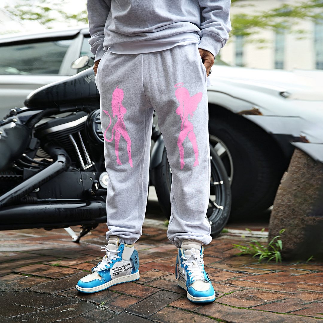 Street style pink angel devil print casual trousers