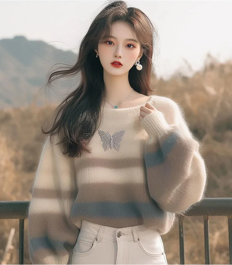 Athvotar Athvotar Fashion Style Sweater Korean Soft-Creative Languid Lazy Super-Good-Looking White Striped Print Sweater