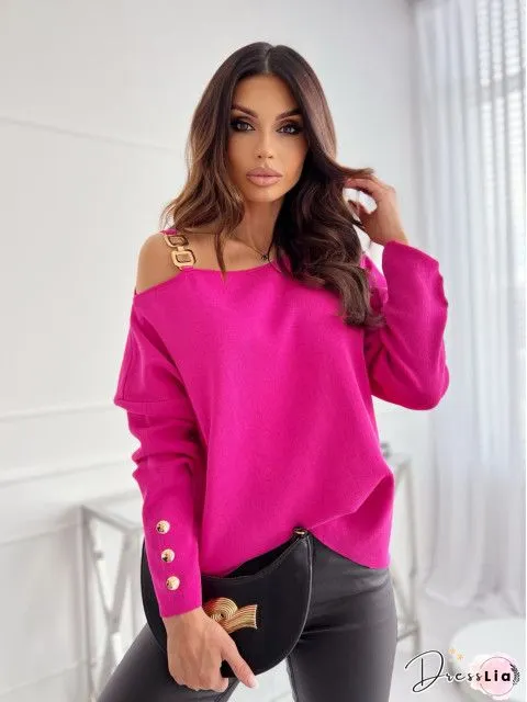 T-Shirts Boat Neck Off Shoulder Button Long Sleeve T-Shirt for Women