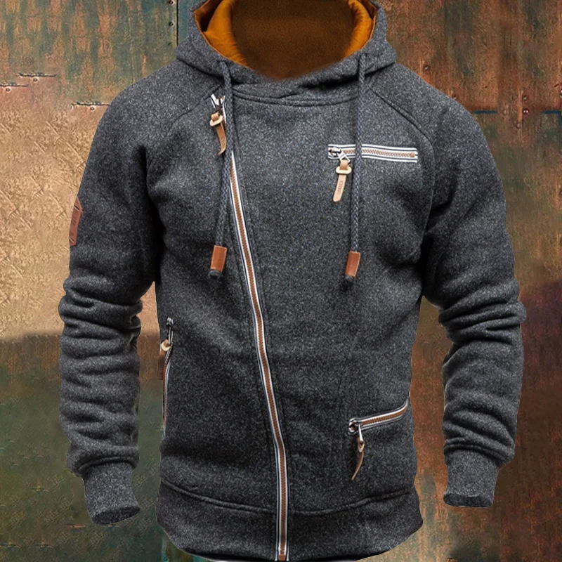 Men's Outdoor Fleece Warm Color Contrast Zipper Tactical Hoodie
