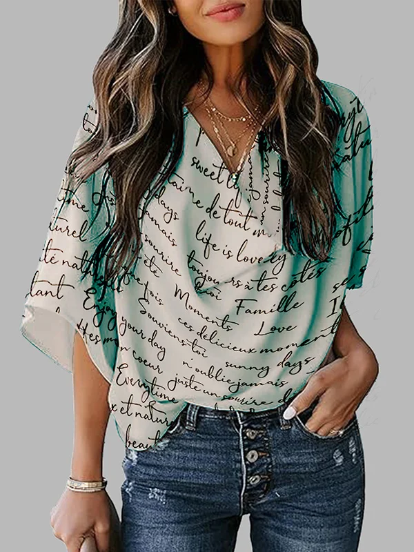 Loose Short Sleeves Letter Print Shoulder Pad Heaps Collar T-Shirts Tops