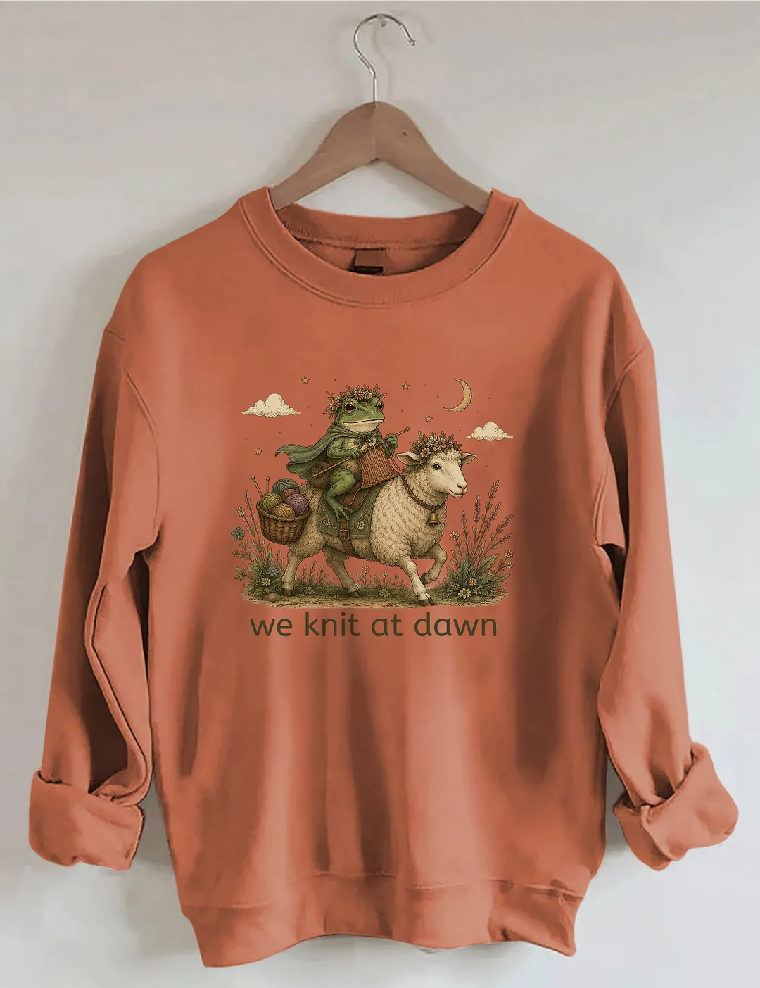 We Knit At Dawn Knitter Frog And Sheep Sweatshirt