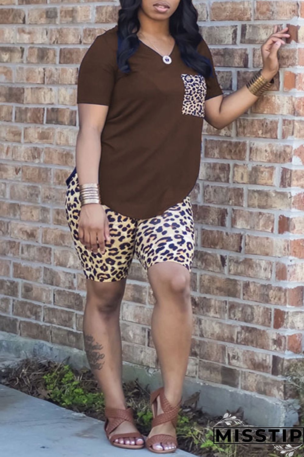 Pink Fashion Casual Leopard Printing V Neck Short Sleeve Two Pieces