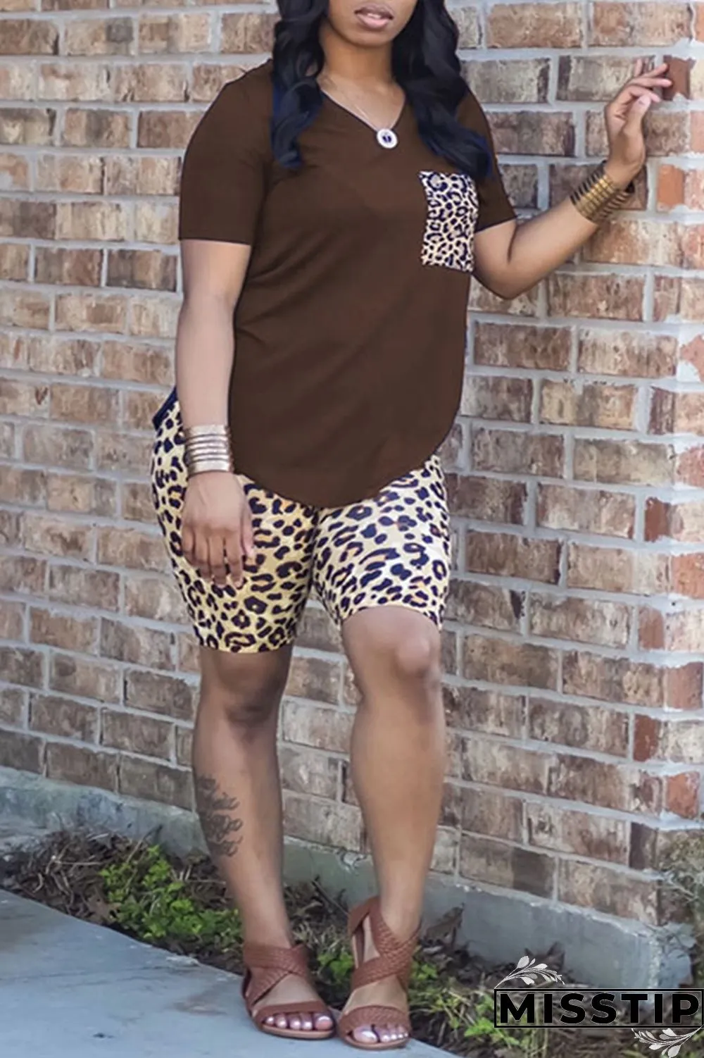 Pink Fashion Casual Leopard Printing V Neck Short Sleeve Two Pieces