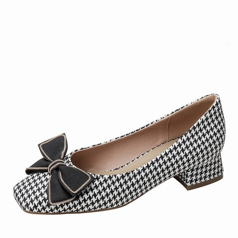 Spring Autumn Low Heels Retro Versatile Bow Loafers Houndstooth Square Toe Shallow Mouth Thick Heel Women's Medium Heel Shoes