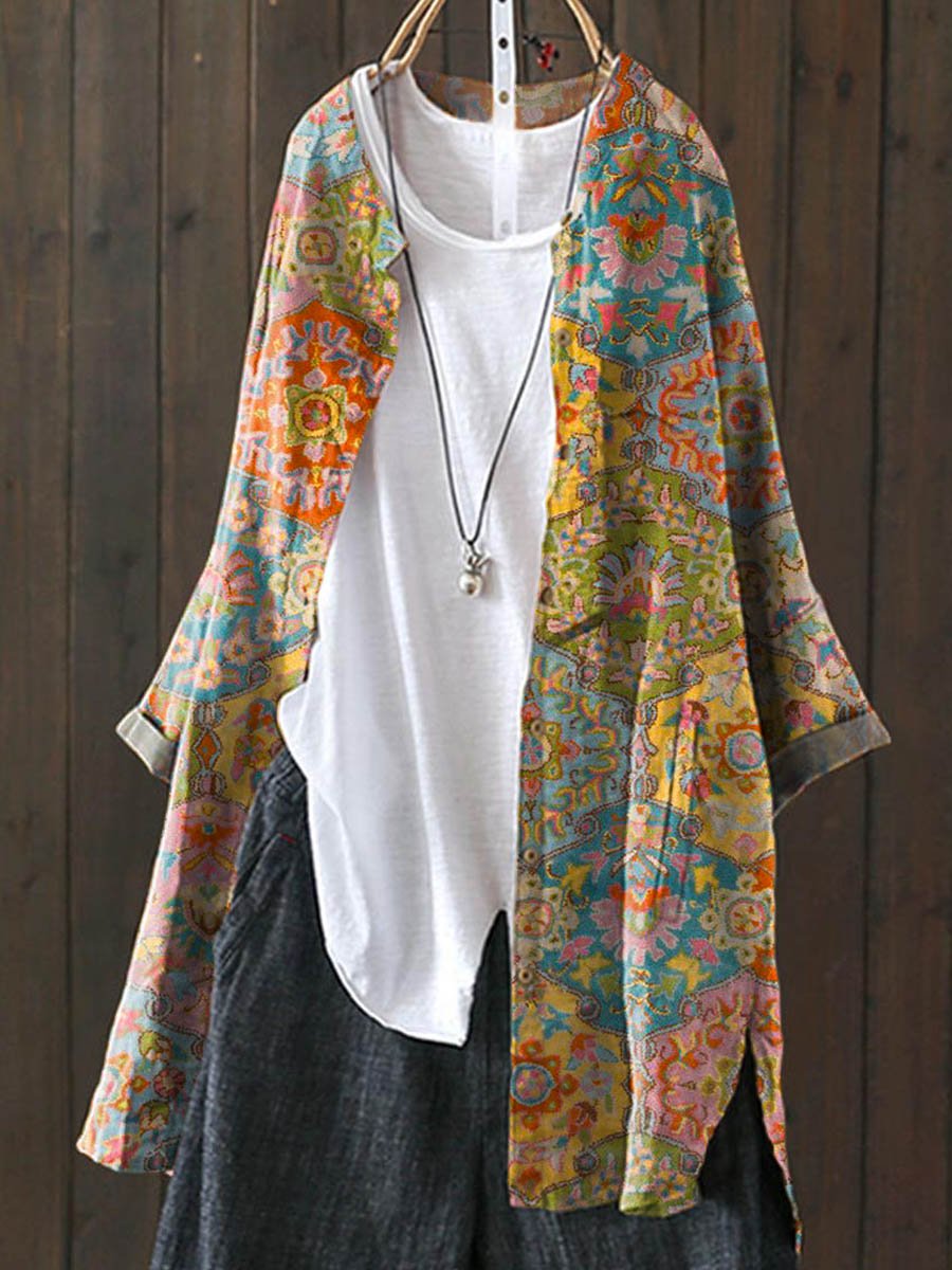 Women's Vintage Ethnic Floral Art Print Loose Casual Top Jacket