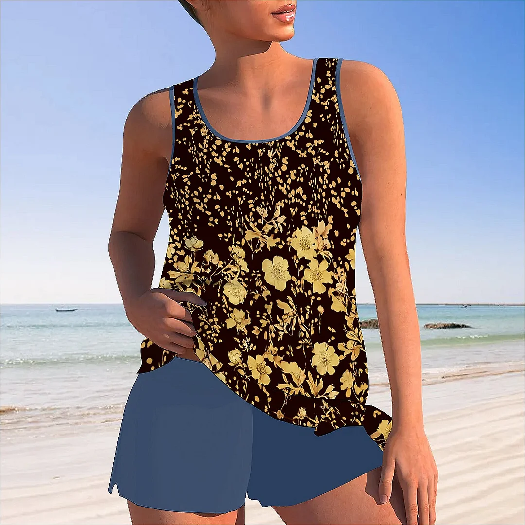 Bowknot Black,Khaki,Floral Mid Waisted Tankini Set - Plus Size Available