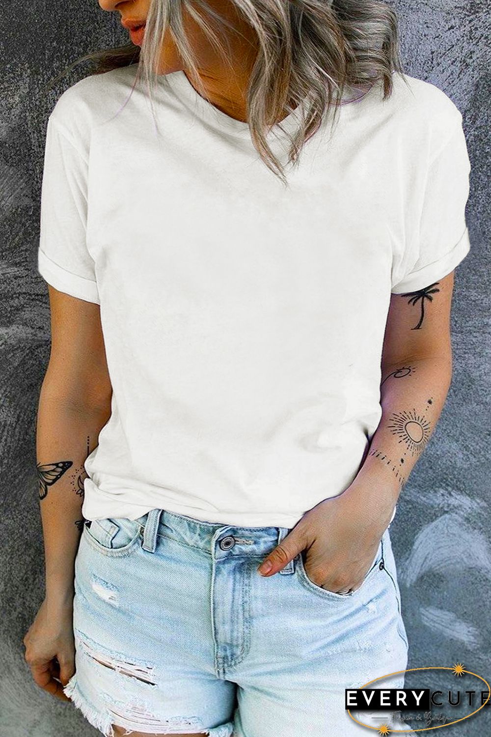 White Solid Color Crew Neck Tee