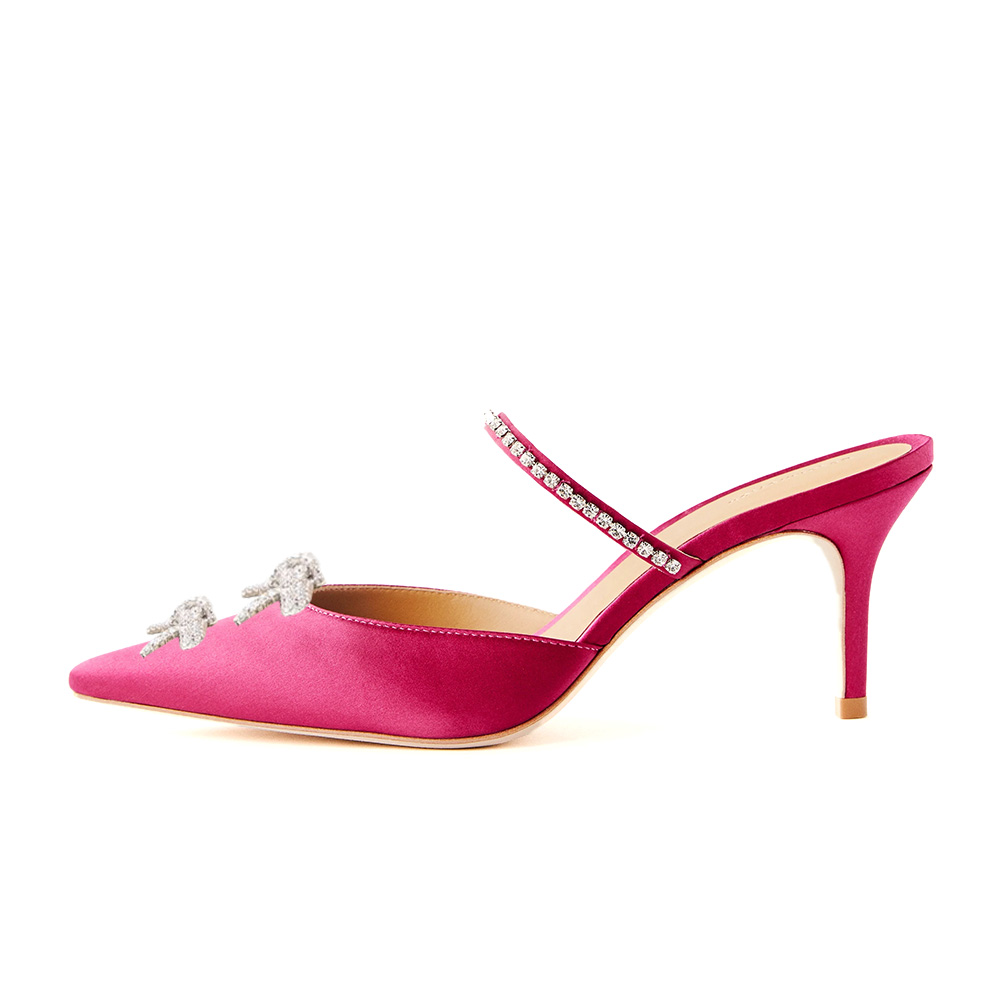 Classy Fuchsia Satin Rhinestone Bow Decorated Mule Heels for Women Nicepairs