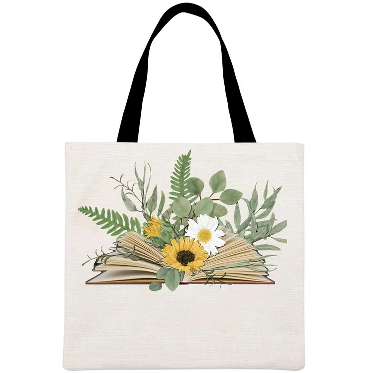 Open Book with Florals and Leaves Printed Linen Bag