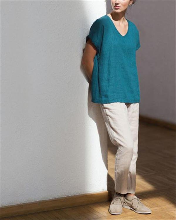 Women Summer Casual Linen Short Sleeve Tops