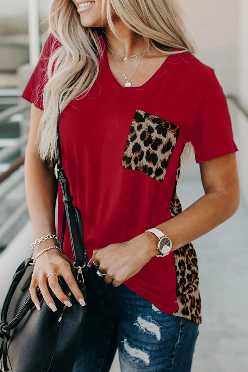 Red Leopard Printed Splicing T-Shirt | IFYHOME