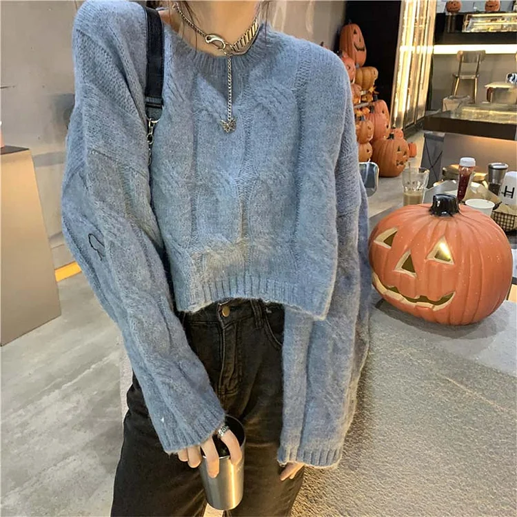 Loose Pure Color Round Collar Sweater - Modakawa Modakawa
