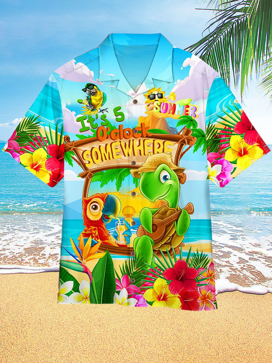 Men's Hawaiian Parrot Beach Party Print Holiday Short Sleeve Shirt PLUSCLOTHESMAN