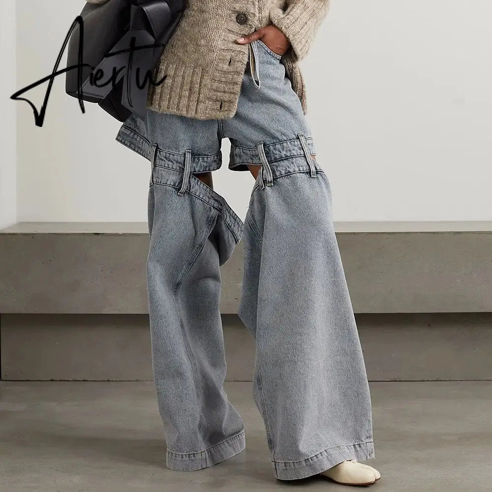 Chic Spliced Zipper Jeans For Women High Waist Patchwork Pockets Cut Out Casual Jean Female Fashion Clothing Aiertu