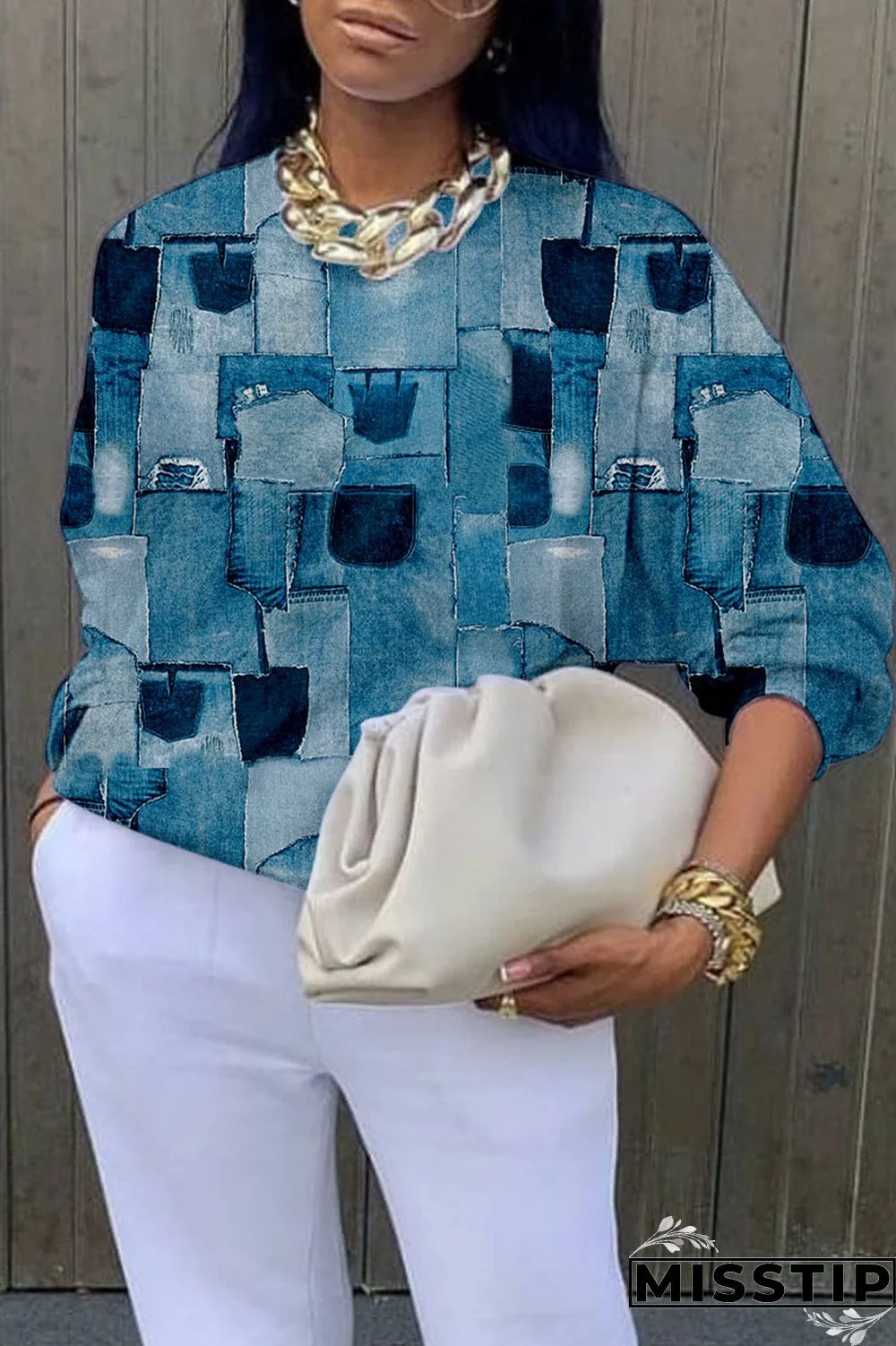 Blue Casual Street Print Patchwork O Neck Tops