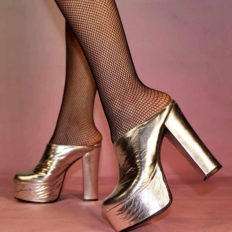 Gold Chunky Heel Platform Mules with Shiny Leather Closed Round Toe Vdcoo
