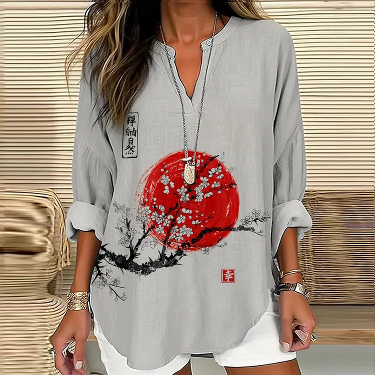 Women's  Sunrise Japanese Art Print Casual Shirt