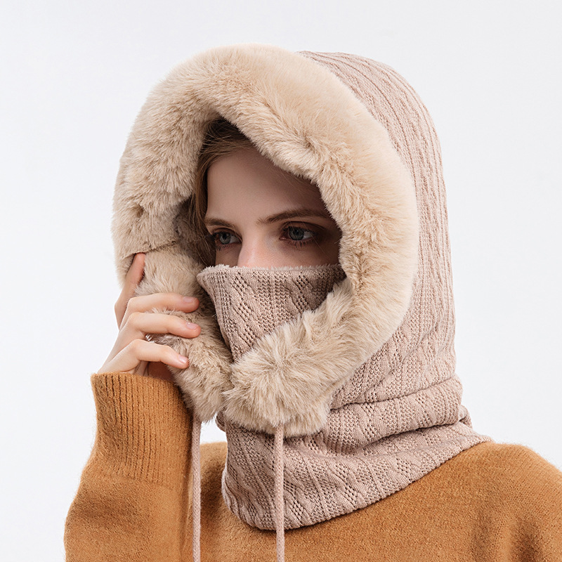 Mature Women Winter Thick Plush Hat With Scarf Windproof Warm Knit Hats Hooded