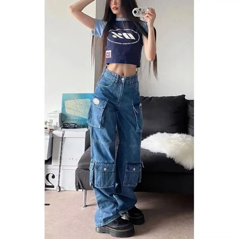 Retro High Street Multi Pocket Blue Washed Pants Y2K Fashion High Waist Jeans Women Harajuku Simple Casual Wide Leg Pants