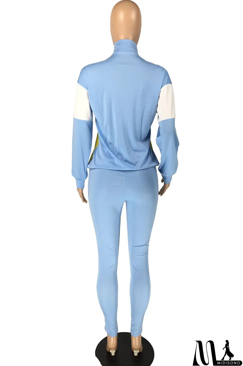 MidiSono - Fluorescent green Casual Striped Print Zippered Split Joint Mandarin Collar Long Sleeve Two Pieces