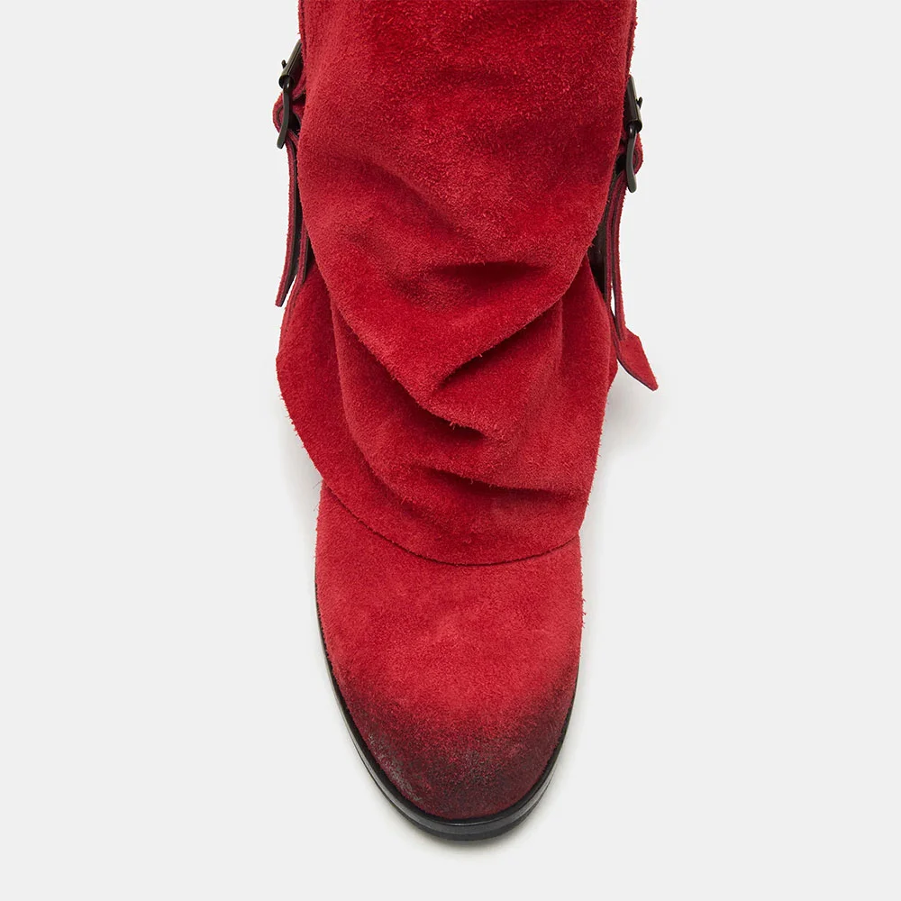 Fashion Red Round Toe Chunky Heel Buckle Fold Over Tall Boots