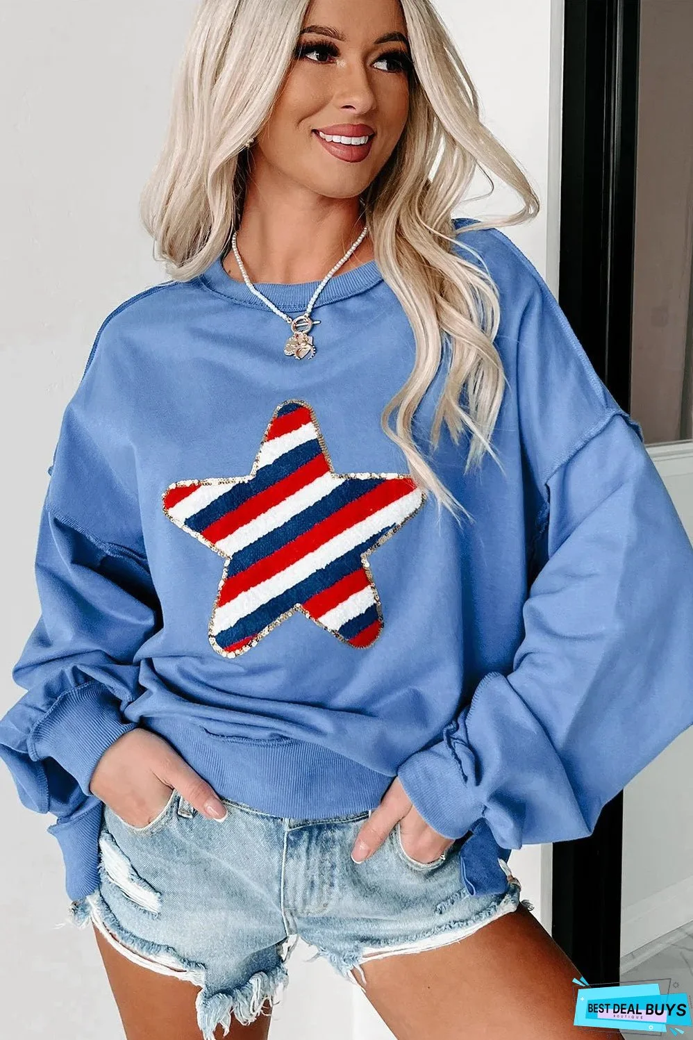 Sky Blue Sequin Trim Embroidered Star USA Pattern Sweatshirt