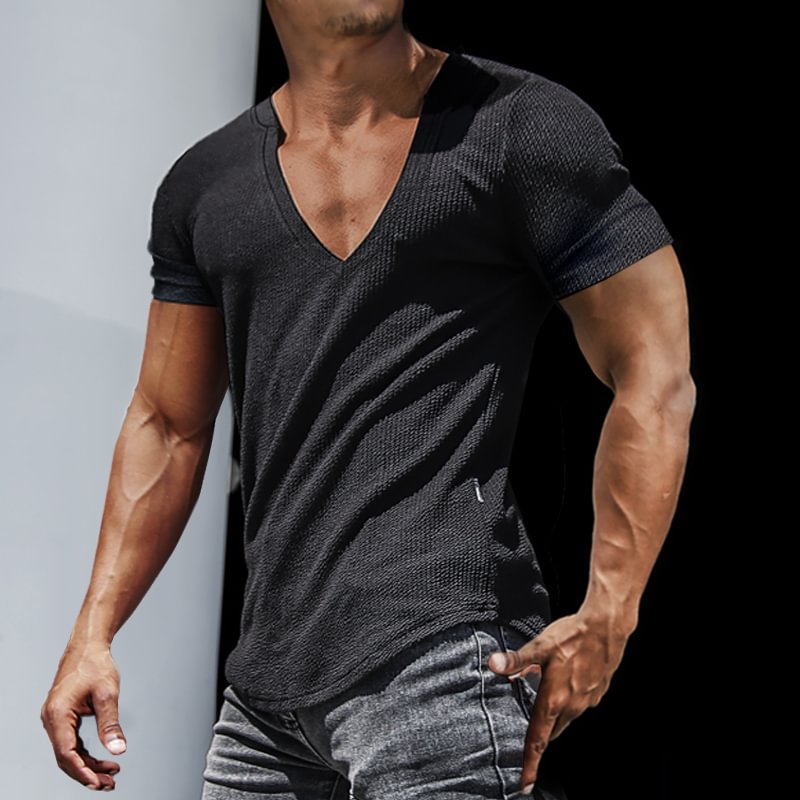 Men's Casual Slim Short Sleeve T-Shirt Sports Fitness Running V Neck Tops、、URBENIE