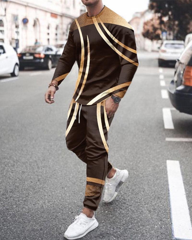 Men's Fashion Brown Abstract Printing Long-sleeved Suit