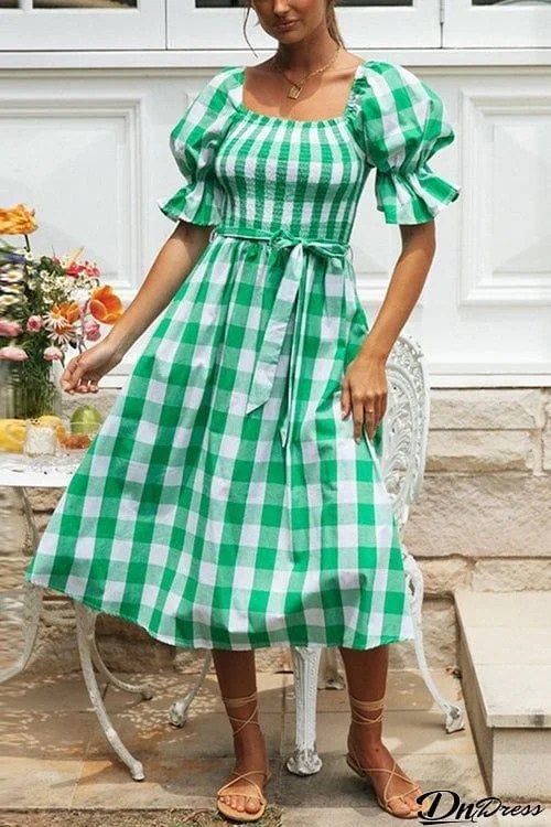 Plaid Square Neck Puff Sleeve Belted Dress