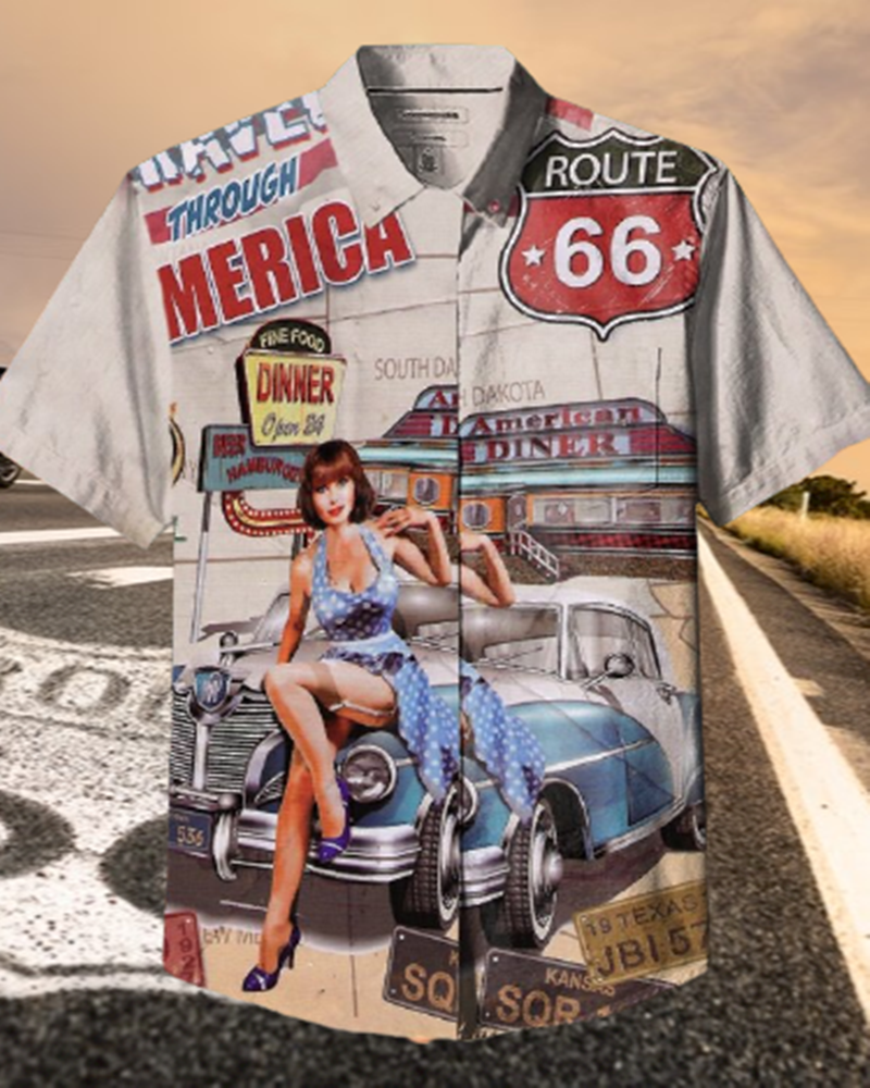 Retro Nostalgic Route 66 Printed Beach Shirt