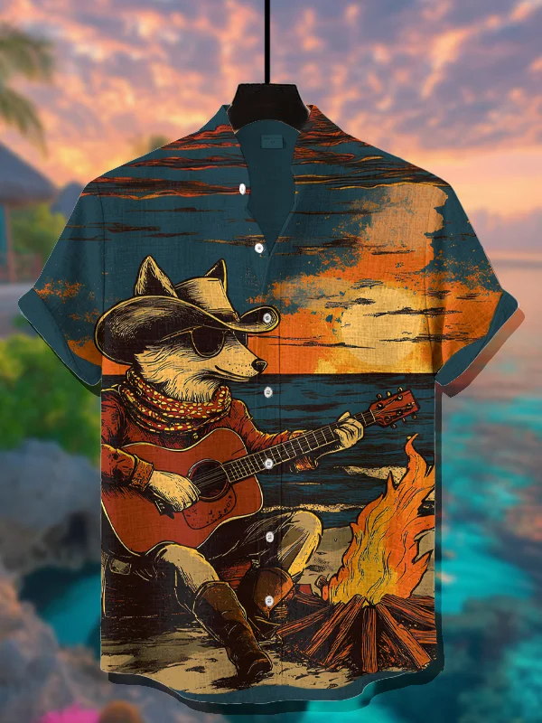 Men's Chill Western Fox Playing Guitar At The Beach Art Print Casual Shirt
