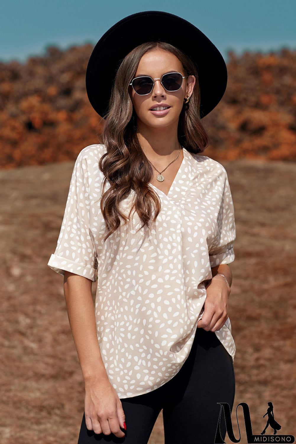 MidiSono - Chic Apricot Chloe Animal Print V-neck Rolled Sleeve Tunic Top