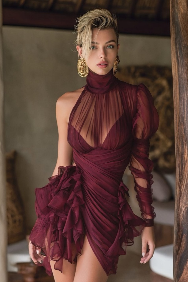 Lussooy Burgundy Gorgeous High Neck Long Sleeves Pleated Prom Dress with Ruffles 