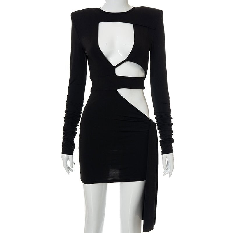 Hugcitar 2021 Women Fall Fashion Bodycon Folds Solid Long Sleeve Hollow Out String Mini Dress Female Clothing Streetwear Y2K