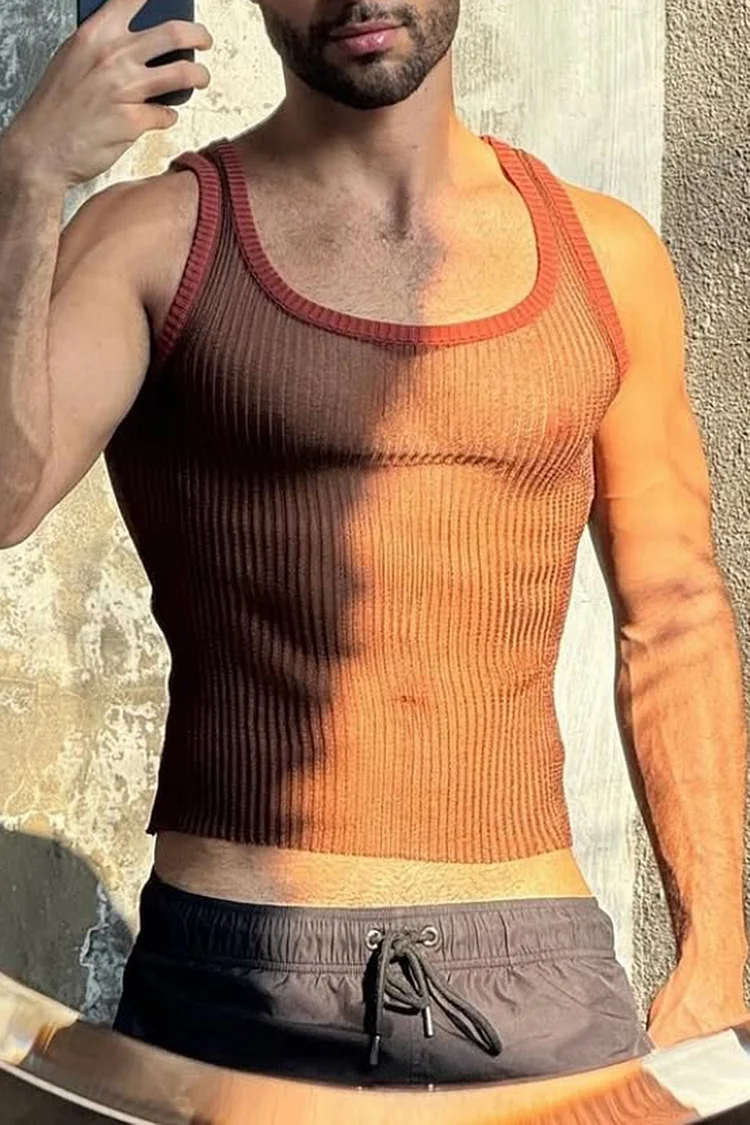 Ciciful Men's Pleated Mesh See Through Brown Slim Fit Tank Top [Pre-Order]
