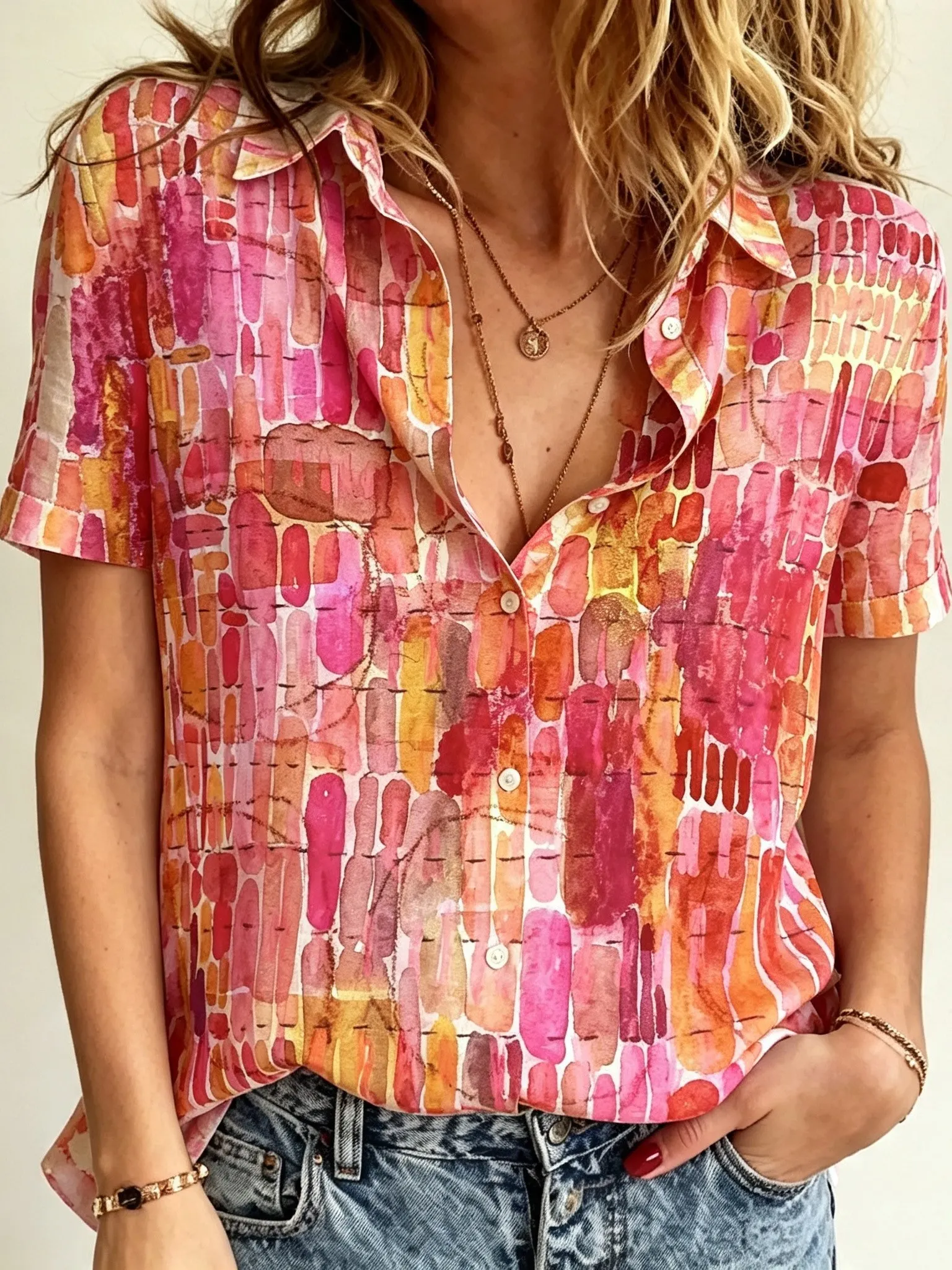 Comstylish Women's Bohemian Geometric Print Cotton Linen Short-sleeve Shirt