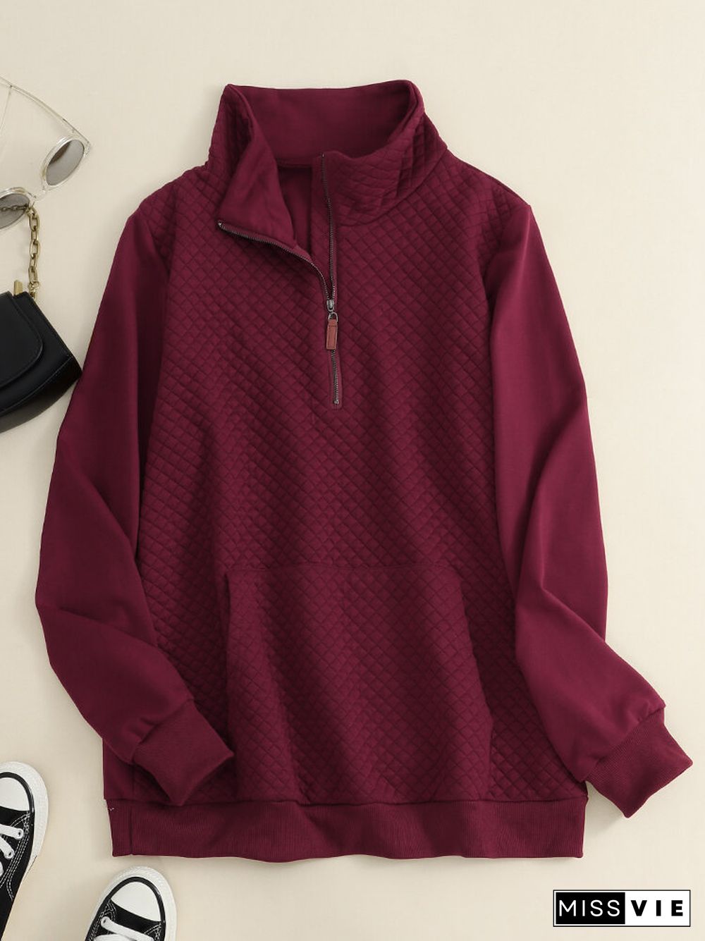 Solid Zip Front Pocket Long Sleeve Lapel Women Sweatshirt